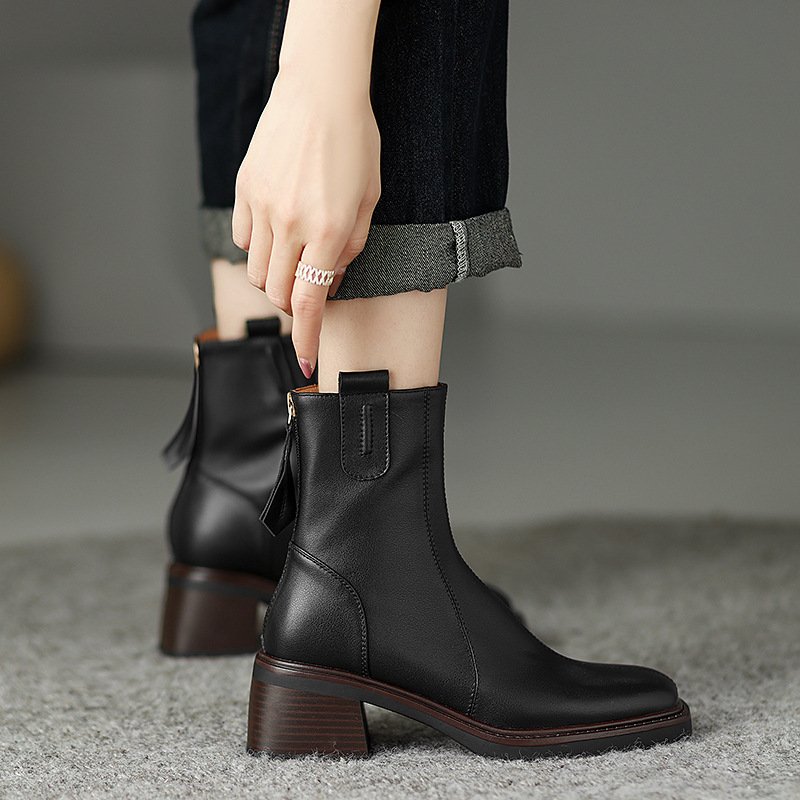 Retro Ankle Boots Women's Mid-Heel Square Head Muffin Bottom Waterproof Platform Thick Heel Back Winter Boots For Women
