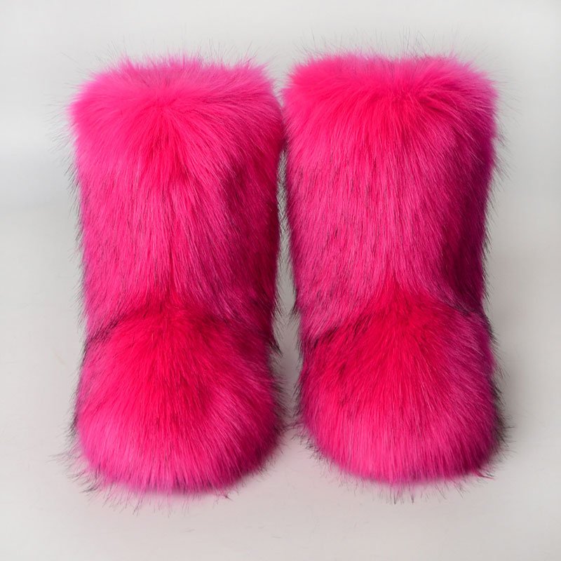 Warm Winter Boots Fox Fur Fake Fur New Style European and American Mid-tube Casual Women's Plus Velvet Plush Snow Boots 2 Pairs