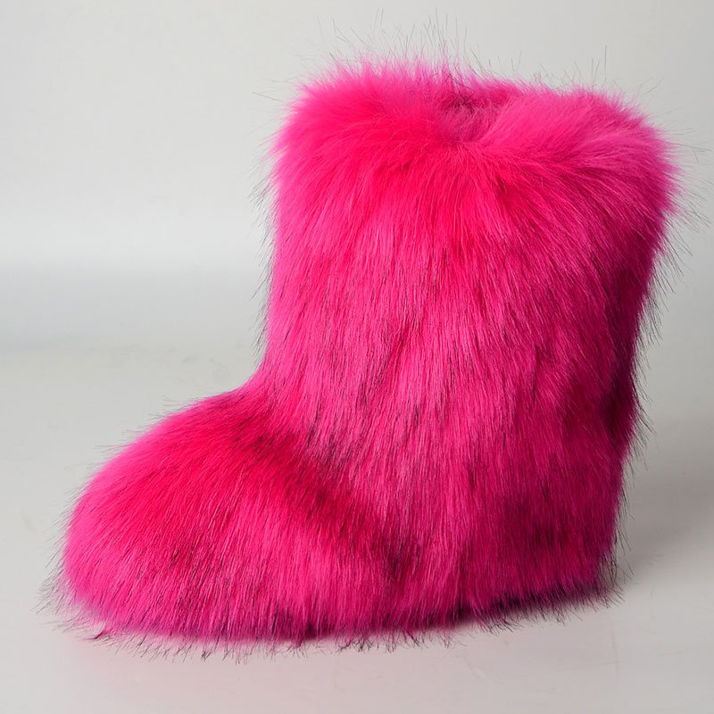 Warm Winter Boots Fox Fur Fake Fur New Style European and American Mid-tube Casual Women's Plus Velvet Plush Snow Boots 2 Pairs