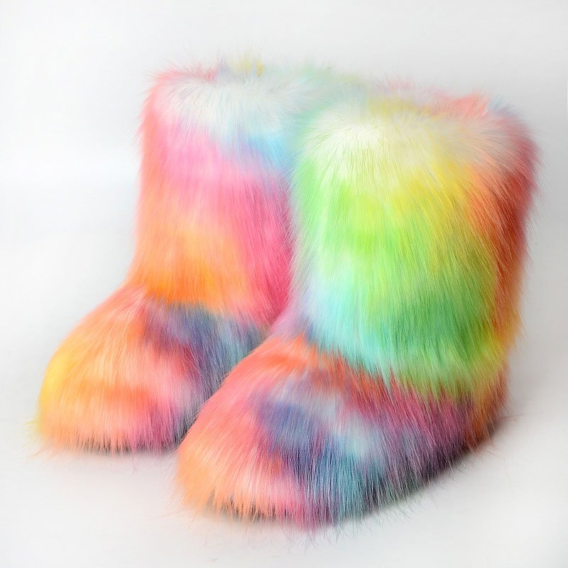Warm Winter Boots Fox Fur Fake Fur New Style European and American Mid-tube Casual Women's Plus Velvet Plush Snow Boots 2 Pairs
