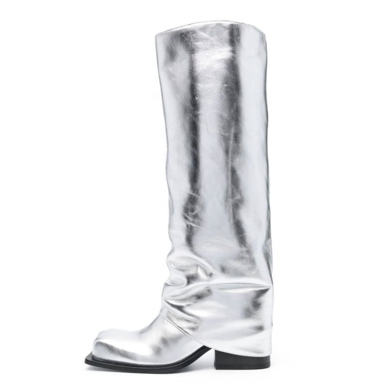 Overlay Wide Leg Fit Shoes Women's Classic Chunky Heels Knee High Boots Square Toe Slip on Long Booties Women Pants Booty