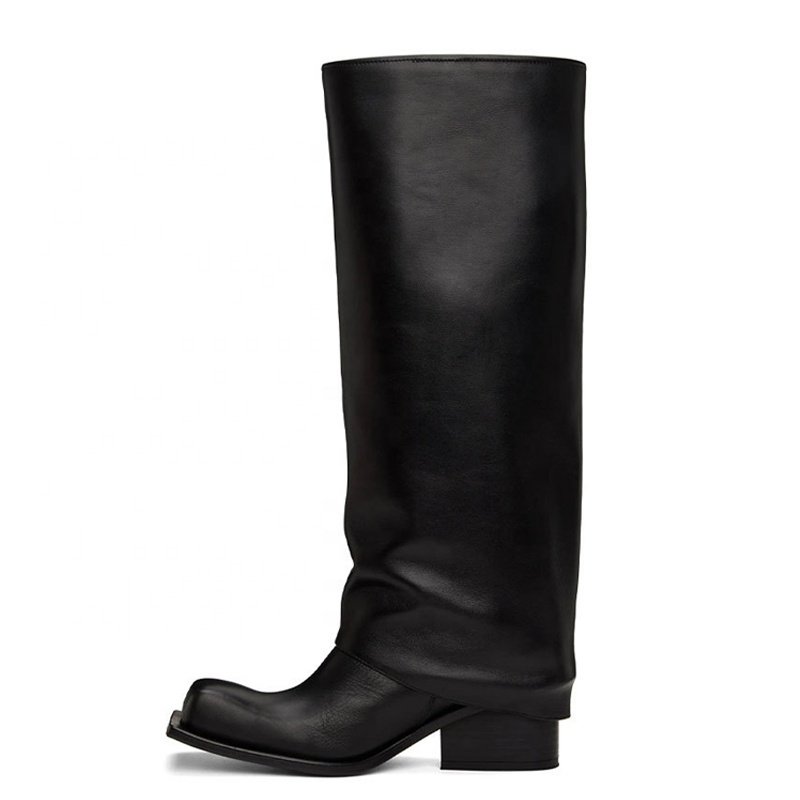 Overlay Wide Leg Fit Shoes Women's Classic Chunky Heels Knee High Boots Square Toe Slip on Long Booties Women Pants Booty