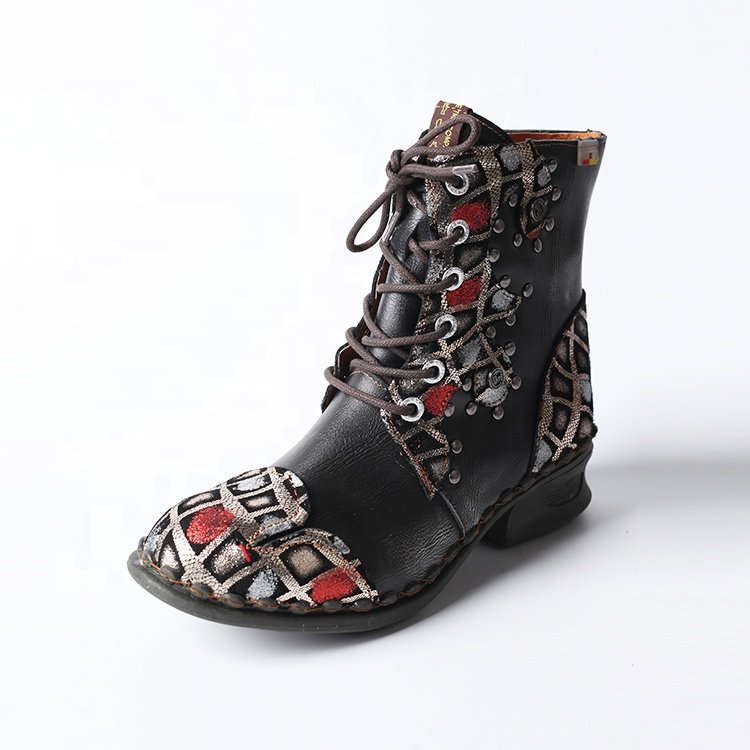 Large Size European And American Bohemian Ethnic Leather Boots Casual Retro Stitching Low-Heeled Women'S Boots