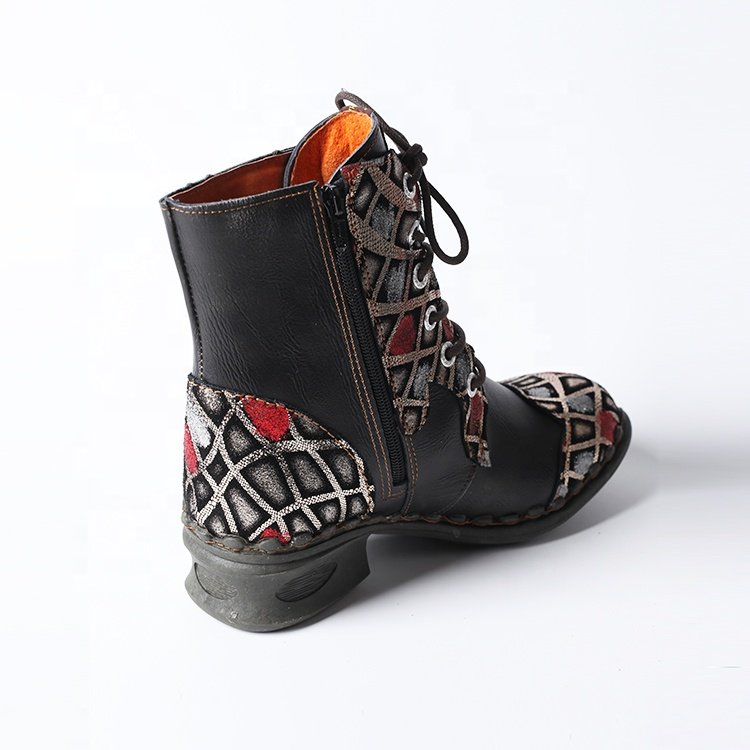 Large Size European And American Bohemian Ethnic Leather Boots Casual Retro Stitching Low-Heeled Women'S Boots