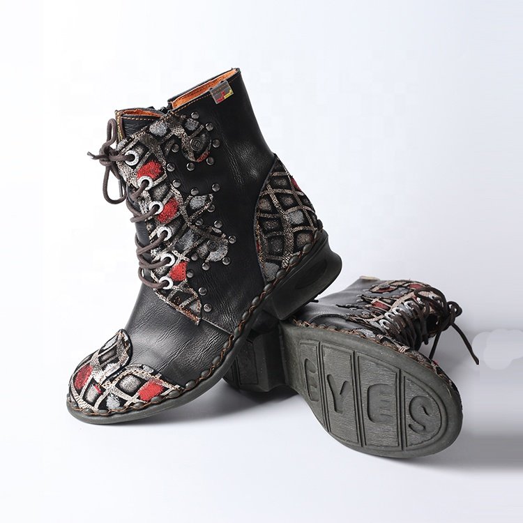 Large Size European And American Bohemian Ethnic Leather Boots Casual Retro Stitching Low-Heeled Women'S Boots