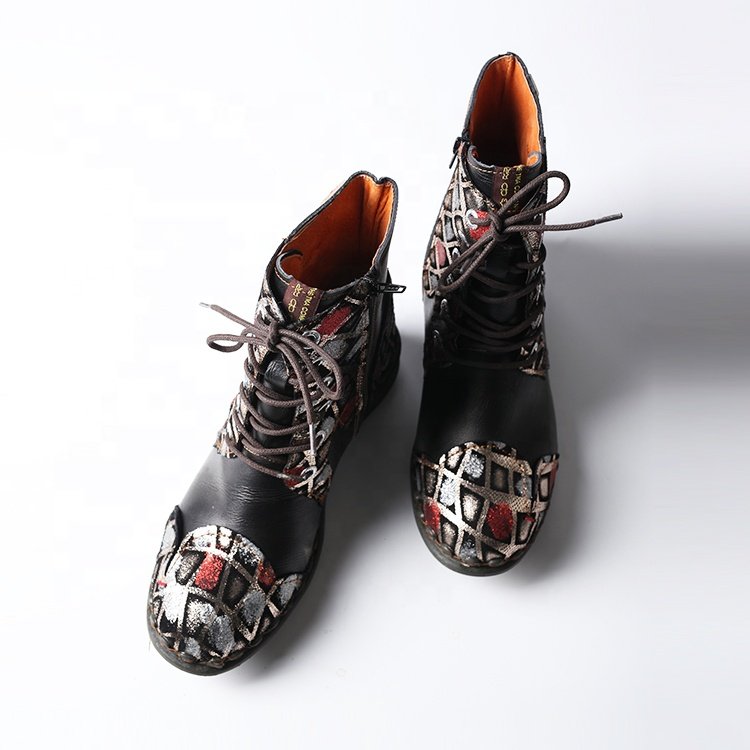 Large Size European And American Bohemian Ethnic Leather Boots Casual Retro Stitching Low-Heeled Women'S Boots