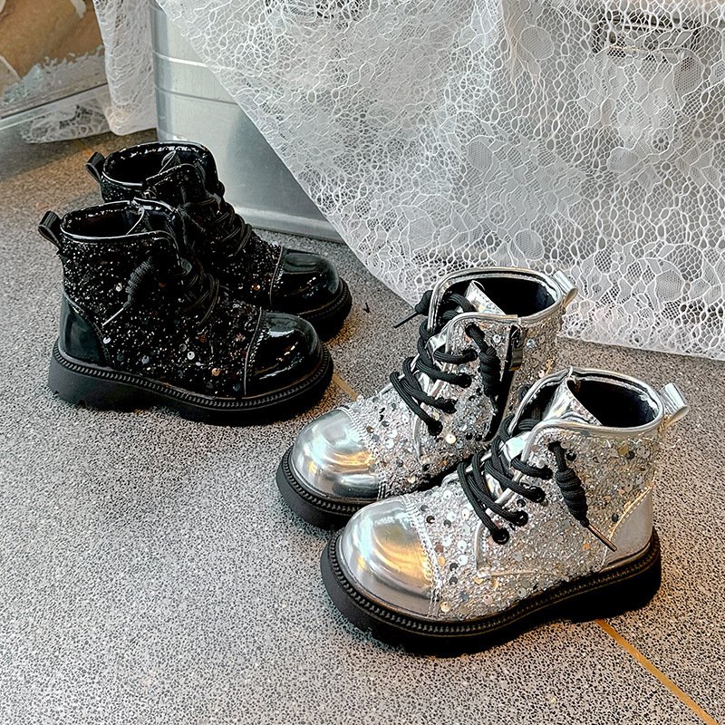 Latest Stylish Spring Autumn Kids Patent Leather Shoes Sequined Fashion Girls Boots