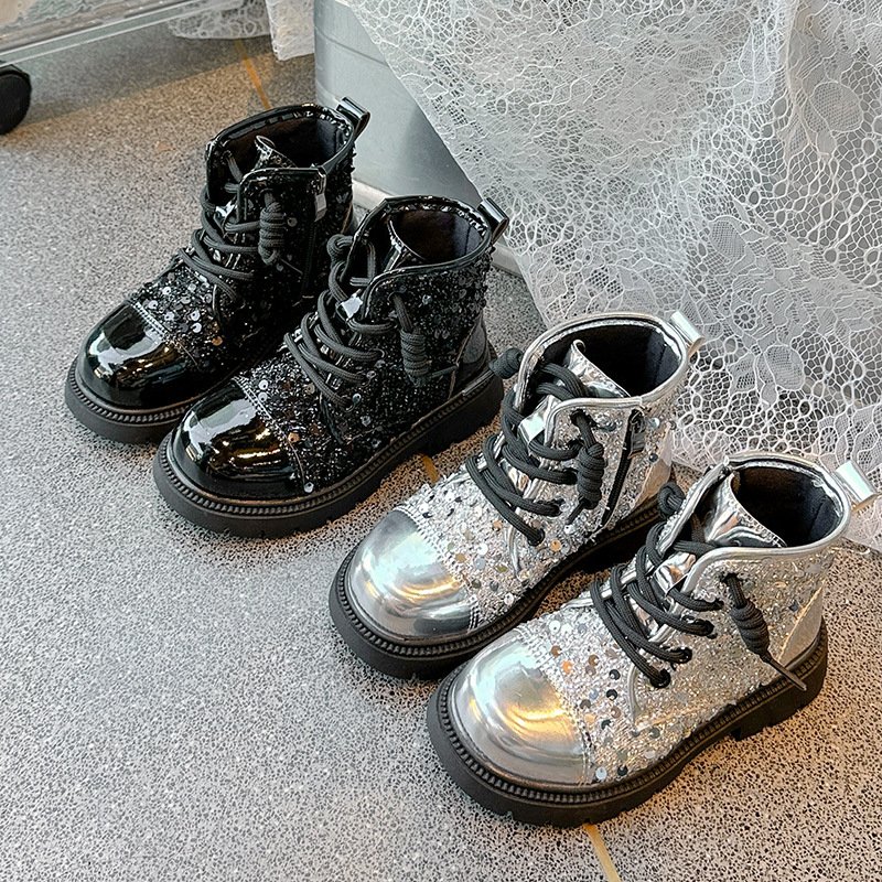 Latest Stylish Spring Autumn Kids Patent Leather Shoes Sequined Fashion Girls Boots