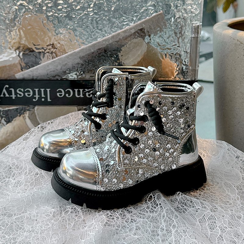 Latest Stylish Spring Autumn Kids Patent Leather Shoes Sequined Fashion Girls Boots
