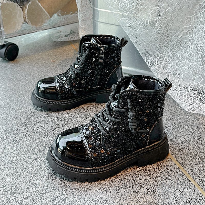 Latest Stylish Spring Autumn Kids Patent Leather Shoes Sequined Fashion Girls Boots