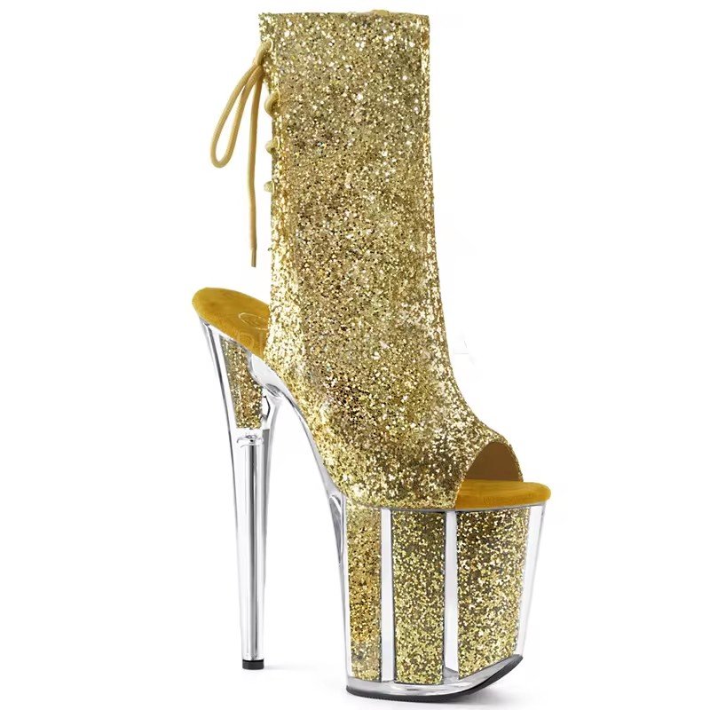 8 inch-20cm Golden Queen's thin heel fish mouth shiny high heels women's Sexy Pole Dance high heels fashion boots