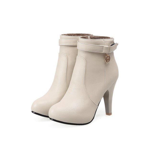Women Footwear PU Platform Buckle Strap Warm Boots Women Shoes Zip Round Winter Boots Stiletto High Heel Ankle Boots