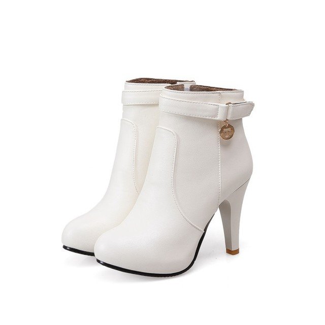 Women Footwear PU Platform Buckle Strap Warm Boots Women Shoes Zip Round Winter Boots Stiletto High Heel Ankle Boots