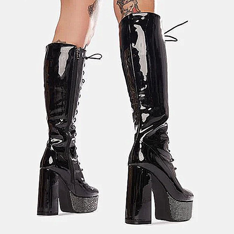 NSB031 Women Patent Leather Thick Heel Platform Knee-high Boots Laces Up Long Boots For Ladies
