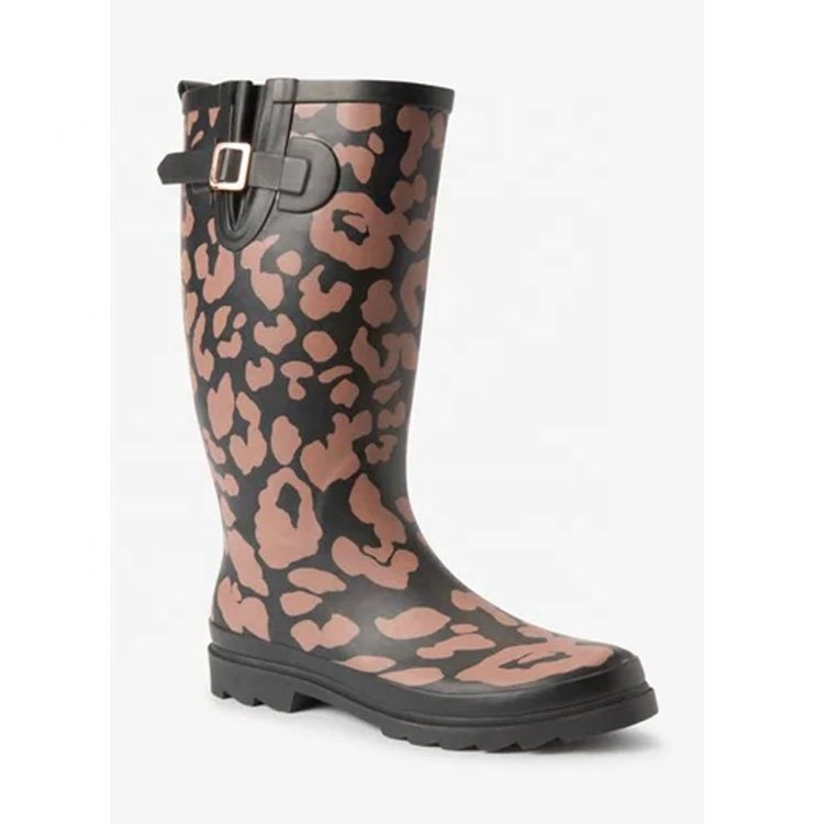 Welly Printed Rain Boots Anti-slip Waterproof Hot Sale Custom Adult Ladies Side Buckle Women Wellies Cotton Fabric Rubber Navy