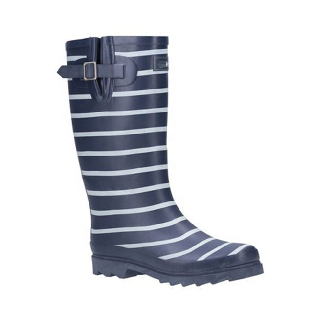 Welly Printed Rain Boots Anti-slip Waterproof Hot Sale Custom Adult Ladies Side Buckle Women Wellies Cotton Fabric Rubber Navy