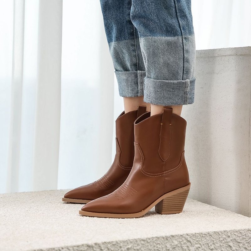 New arrivals vintage black leather custom women modern western leather cow boy boots for women