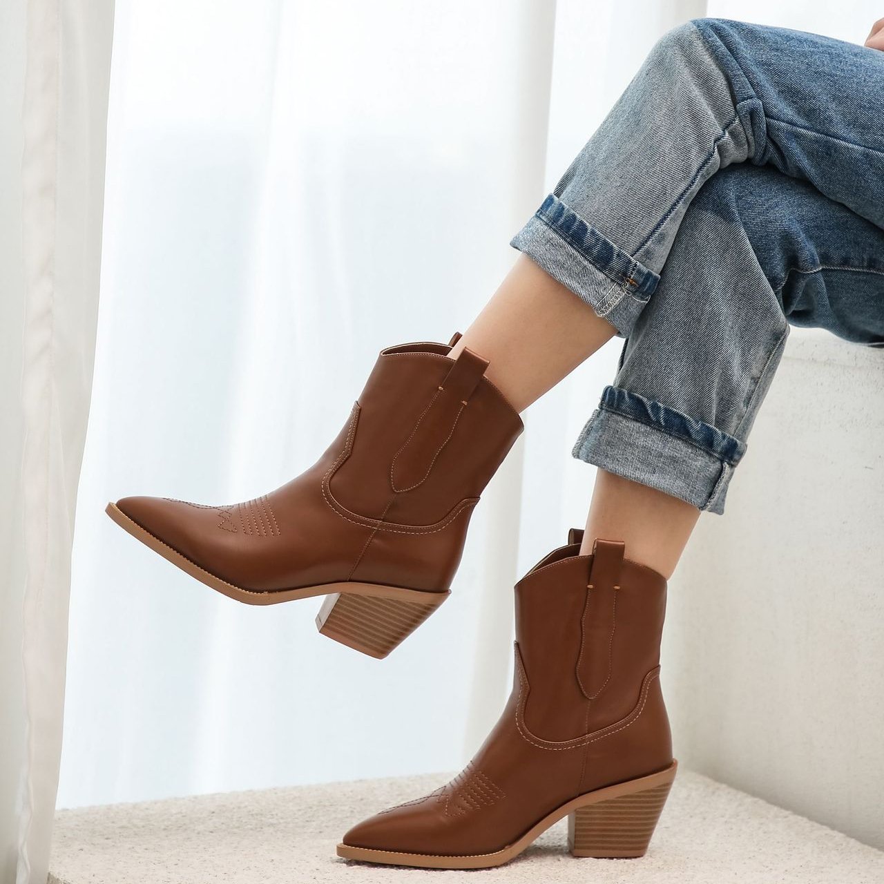 New arrivals vintage black leather custom women modern western leather cow boy boots for women
