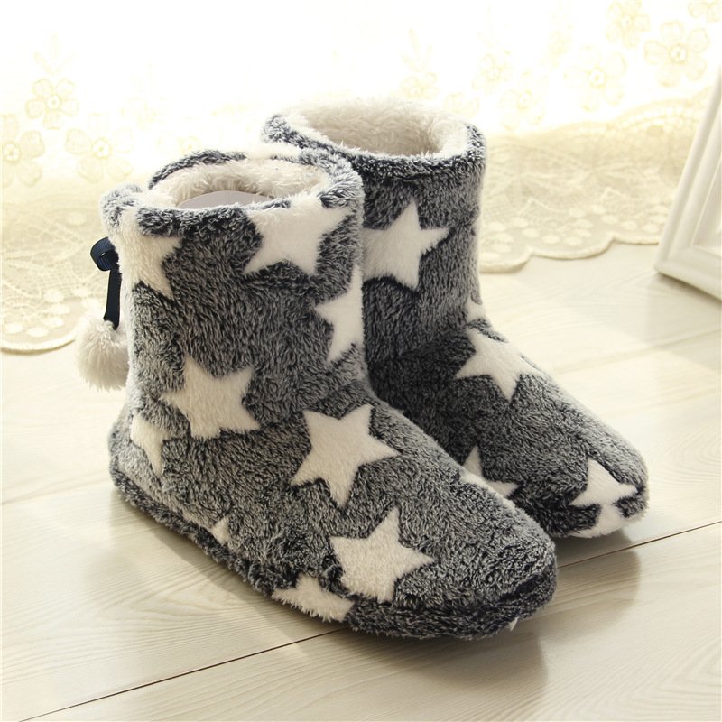 Winter Women's Plush Star Pattern Slippers Warm Flock Home Slippers Soft Indoor Floor Non-Slip Snow Boots with Ankle Height