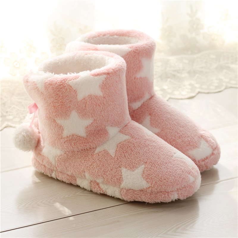 Winter Women's Plush Star Pattern Slippers Warm Flock Home Slippers Soft Indoor Floor Non-Slip Snow Boots with Ankle Height