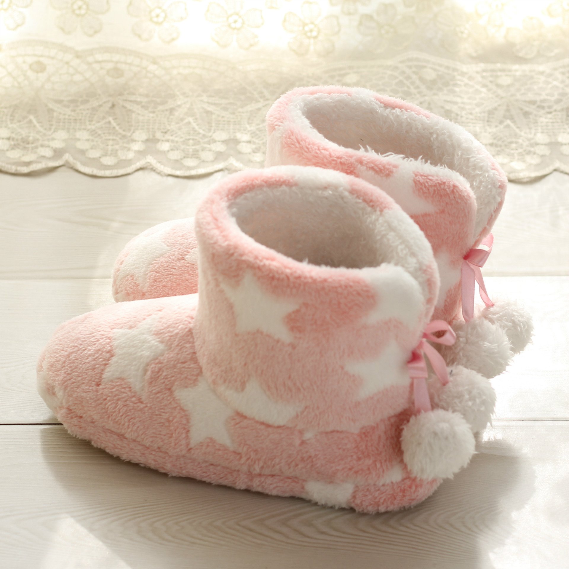 Winter Women's Plush Star Pattern Slippers Warm Flock Home Slippers Soft Indoor Floor Non-Slip Snow Boots with Ankle Height