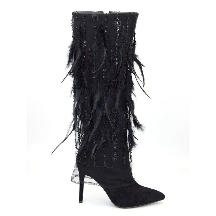 Winter Women's Boots 2023 New Fashion Ladies Pointed Custom High Quality Feather Dress Shoes women Boots