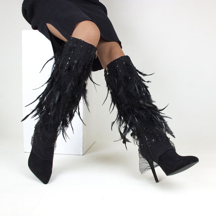 Winter Women's Boots 2023 New Fashion Ladies Pointed Custom High Quality Feather Dress Shoes women Boots