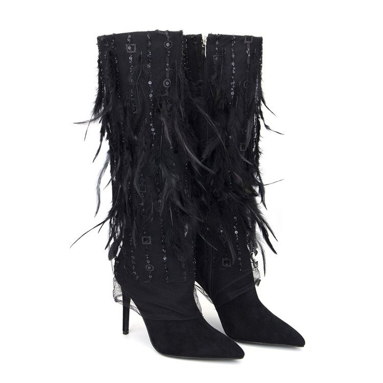Winter Women's Boots 2023 New Fashion Ladies Pointed Custom High Quality Feather Dress Shoes women Boots