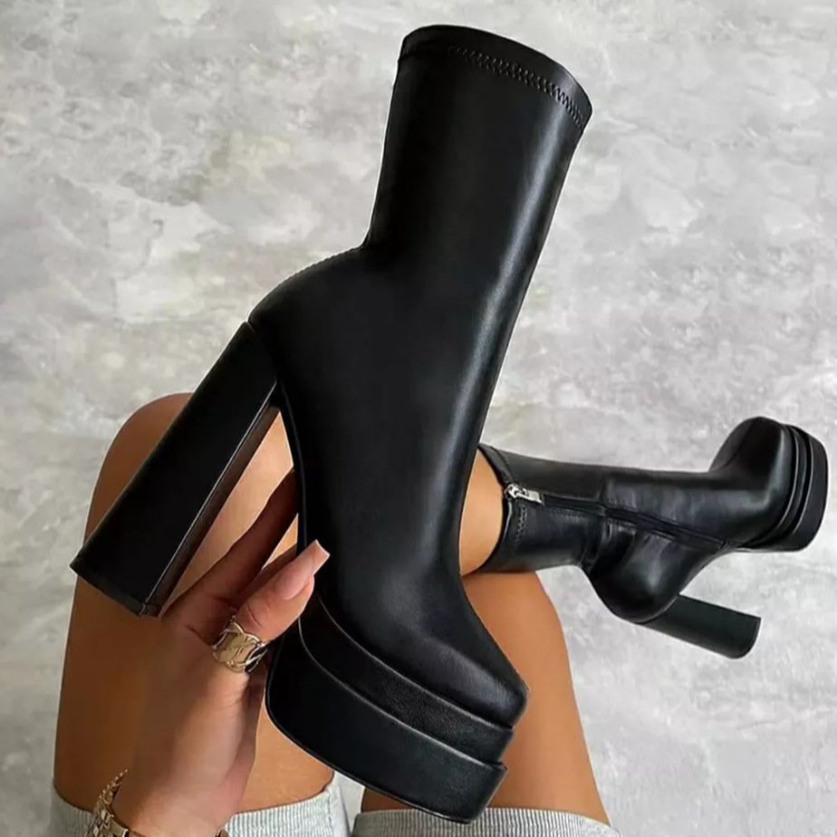 Fashion Fall winter Designer New Pu Leather shoes Zipper ladies platform Ankle Boots Chunky Heels Women Shoes boots