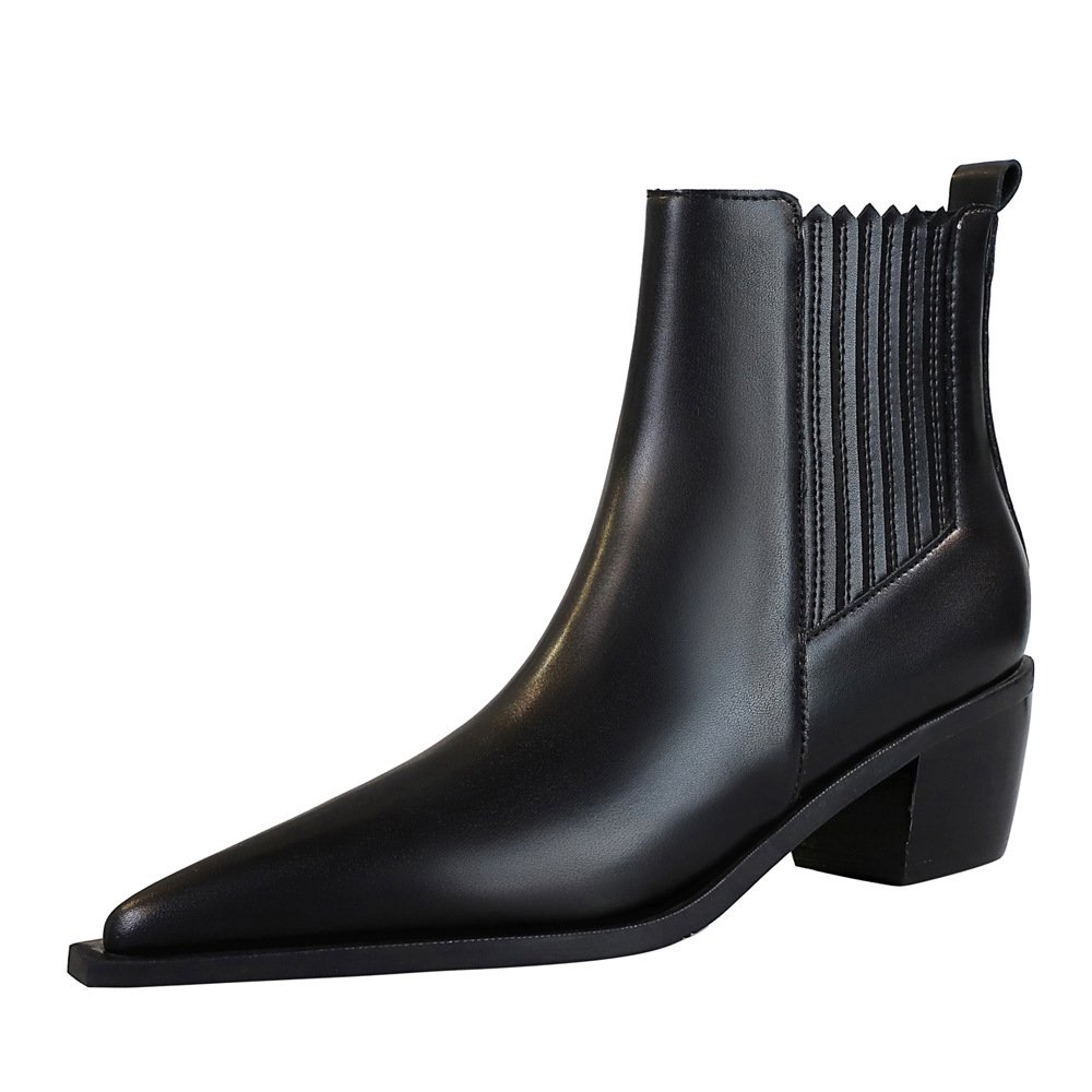 Short Women Ankle Boots Medium Heel Real Leather Booties Fall Shoes Genuine Pointed Toe Block Chelsea British Chunky brown