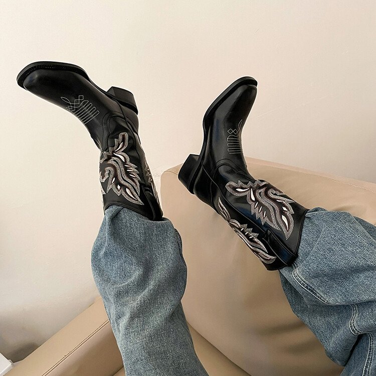 Cialisa Black Genuine Leather Western Cowboy Boots Square Toe Low Chunky Heels Women Shoes Autumn Winter Mid Calf Boots