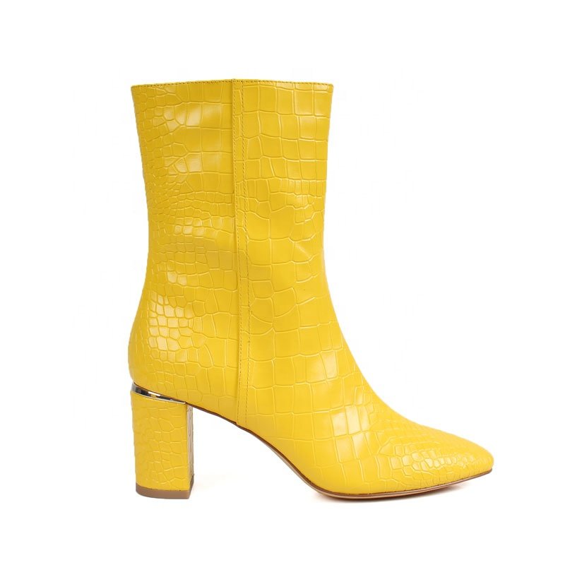 High Quality Women's Yellow Chunky Heel Boots Winter Suede Ankle Boots Rubber Insole Zip Closure Genuine Leather Fashion Style