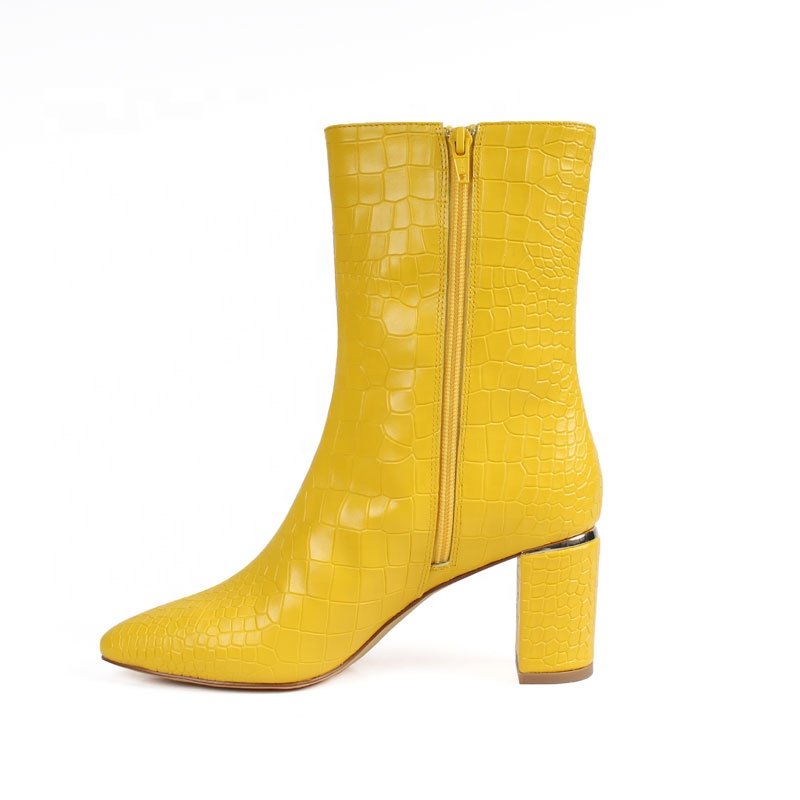 High Quality Women's Yellow Chunky Heel Boots Winter Suede Ankle Boots Rubber Insole Zip Closure Genuine Leather Fashion Style