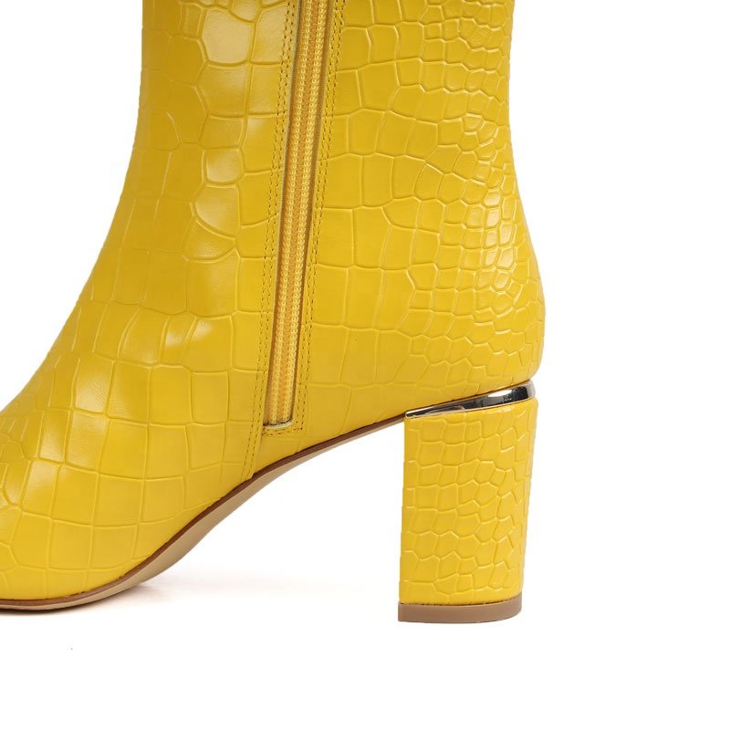 High Quality Women's Yellow Chunky Heel Boots Winter Suede Ankle Boots Rubber Insole Zip Closure Genuine Leather Fashion Style