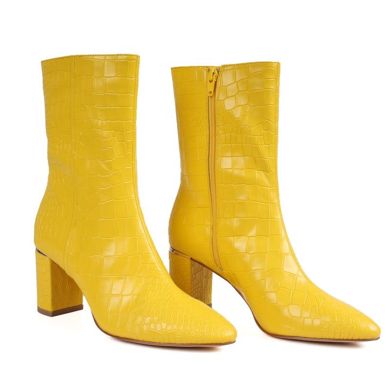High Quality Women's Yellow Chunky Heel Boots Winter Suede Ankle Boots Rubber Insole Zip Closure Genuine Leather Fashion Style