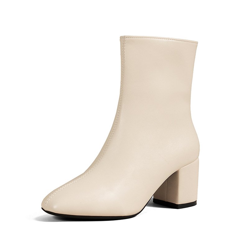 23 Autumn New Square Headed Side Zipper High Heel Short Boots Mid Sleeve Fashion Thick Heel Boots Solid Color Large Short Boots
