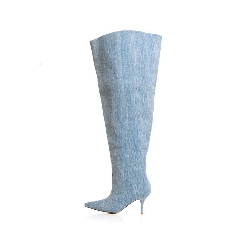 Custom Ladies Heel Boots Size 45 Pointy Toe Denim Designer Wide Leg Fit Women Knee High Stiletto Boots