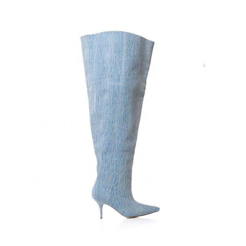 Custom Ladies Heel Boots Size 45 Pointy Toe Denim Designer Wide Leg Fit Women Knee High Stiletto Boots