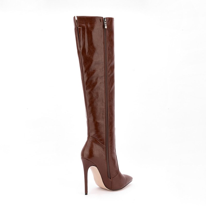 Bota Feminina Fashion Style Crazy Horse Pattern Pointy Toe Long Boots Side Zipper Stiletto High Heel Knee High Boots For Women