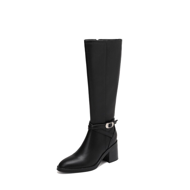 women genuine leather round toe chunky heels ankle strap knee high boot