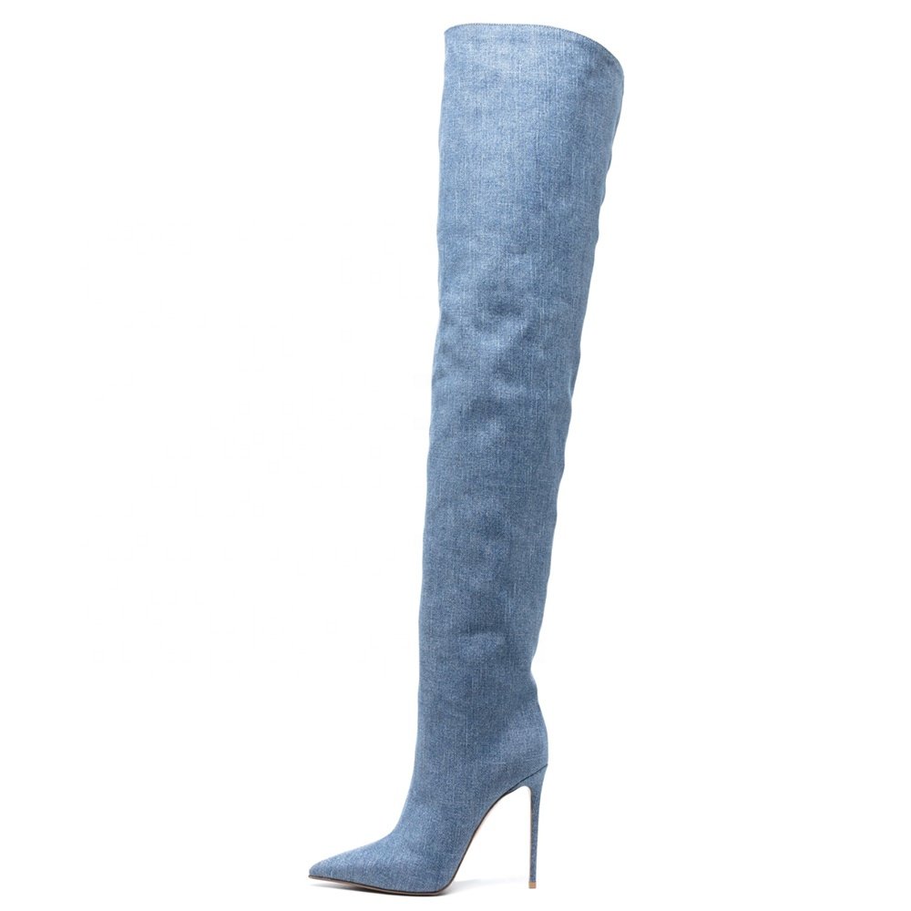 Crotch High Heel Wide Calf Slouchy Blue Jean Denim Thigh High Crotch Boots Women Plus Size