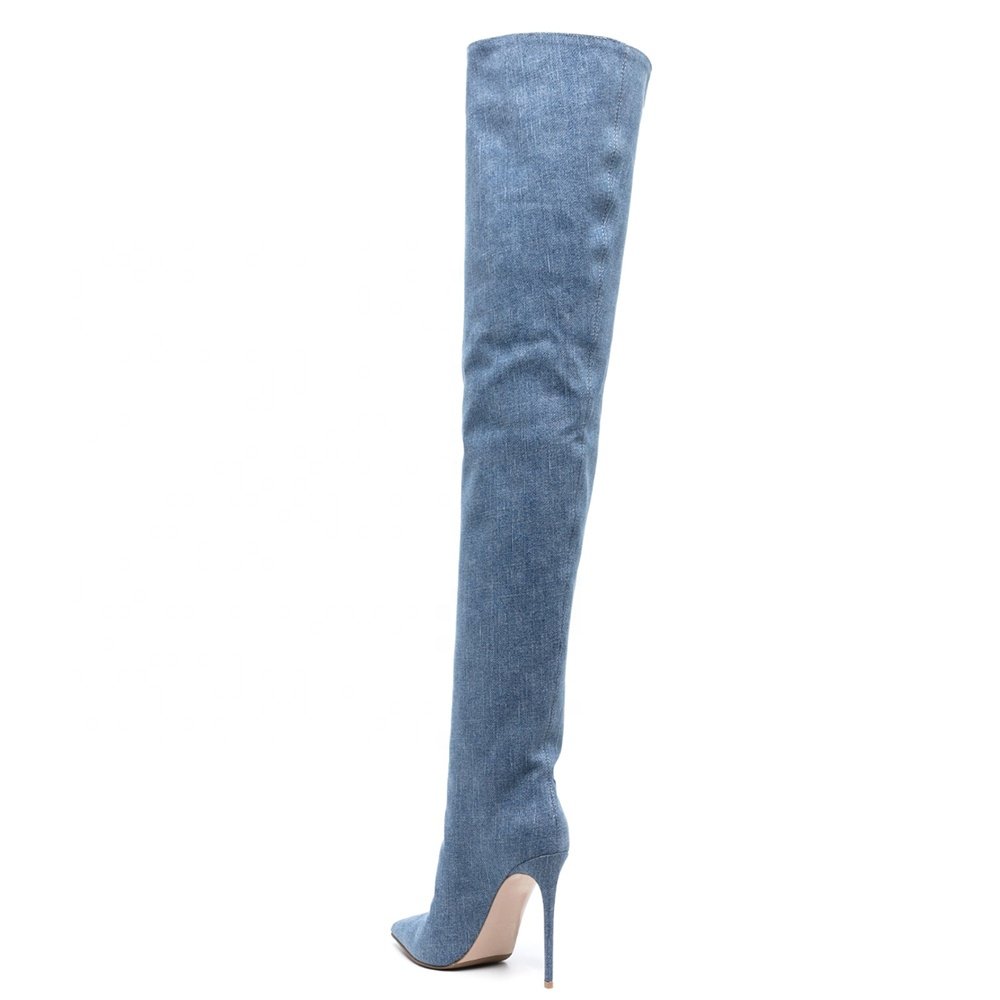 Crotch High Heel Wide Calf Slouchy Blue Jean Denim Thigh High Crotch Boots Women Plus Size