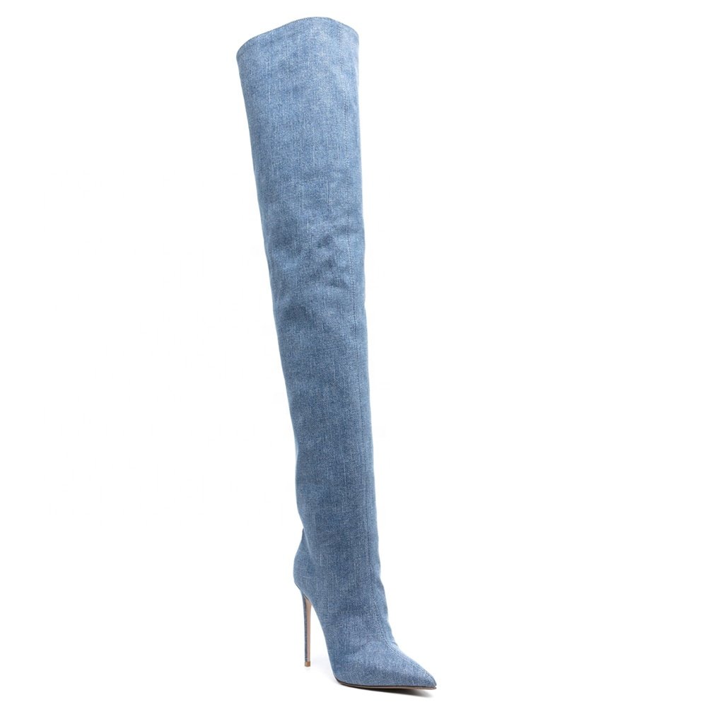 Crotch High Heel Wide Calf Slouchy Blue Jean Denim Thigh High Crotch Boots Women Plus Size