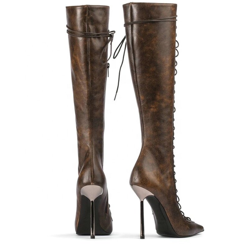 Lace Up Front Cut Out Women Knee High Boots Big Size 44 Solid Stiletto Dress Shoes Slim Heels Side Zipper Long Boots