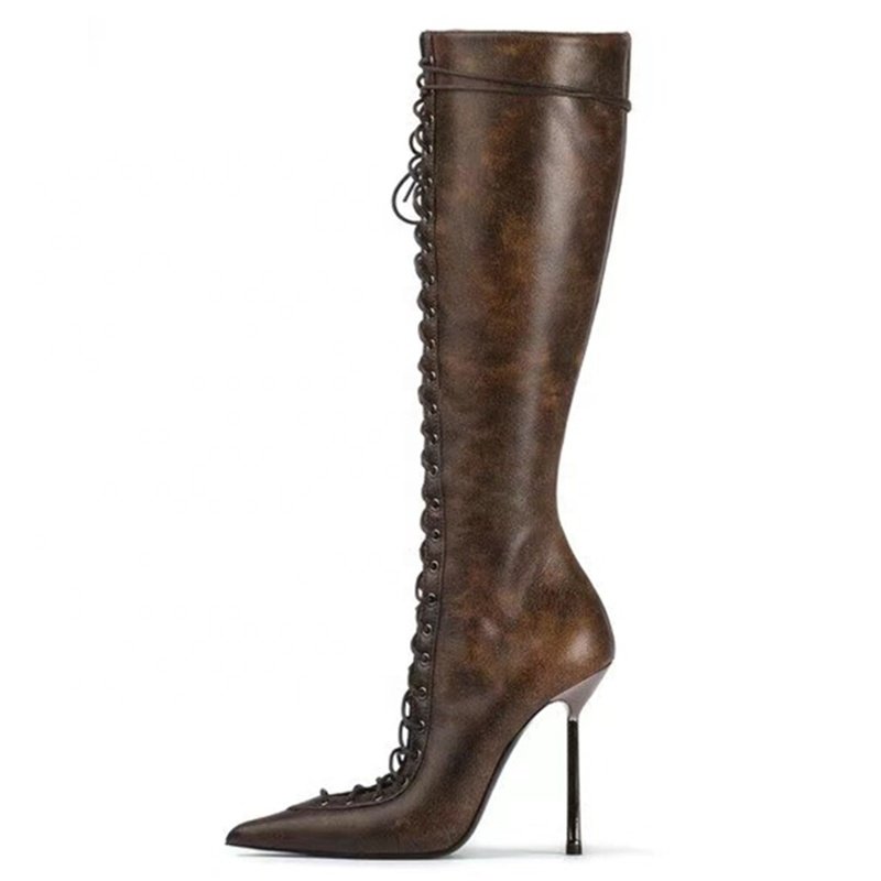 Lace Up Front Cut Out Women Knee High Boots Big Size 44 Solid Stiletto Dress Shoes Slim Heels Side Zipper Long Boots