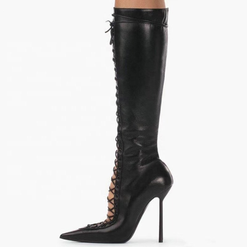 Lace Up Front Cut Out Women Knee High Boots Big Size 44 Solid Stiletto Dress Shoes Slim Heels Side Zipper Long Boots