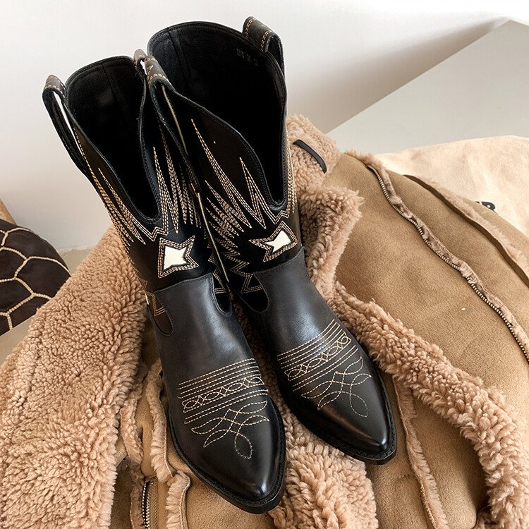 Cialisa Wholesale Custom Logo Genuine Leather Retro Vintage Women's Western Boots 2022 Block Heels Cowboy Boots For Ladies