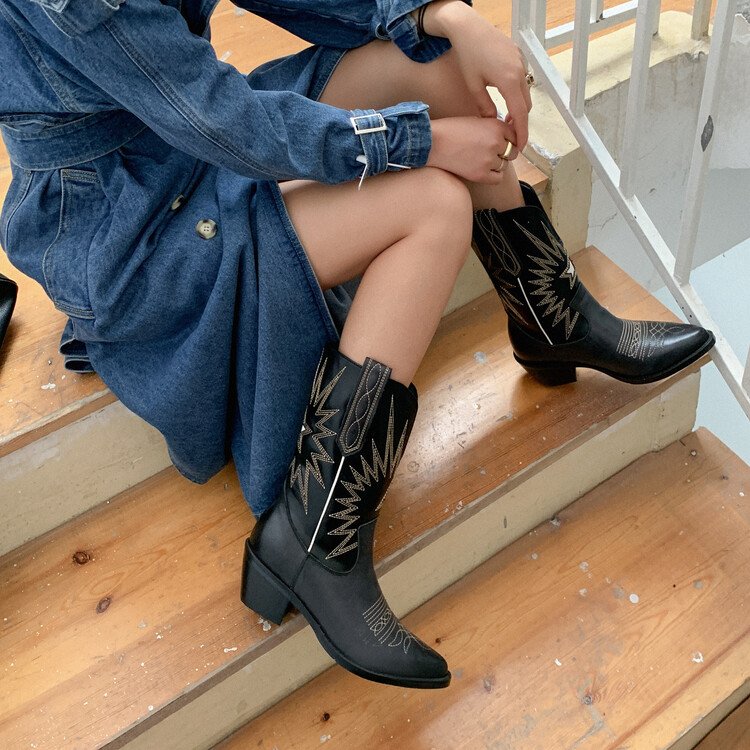 Cialisa Wholesale Custom Logo Genuine Leather Retro Vintage Women's Western Boots 2022 Block Heels Cowboy Boots For Ladies