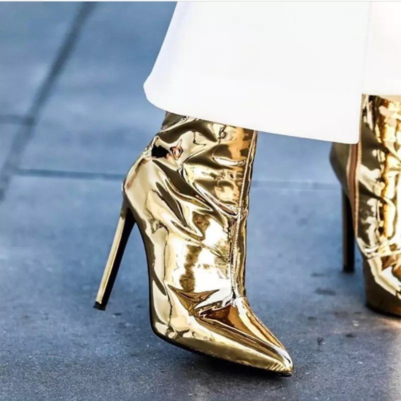 Banquet Botas Ladies Mirror Leather Boots Plus Size Pointy Toe Stiletto Heel Sexy Short Boots Women Metallic Ankle Boots 2022