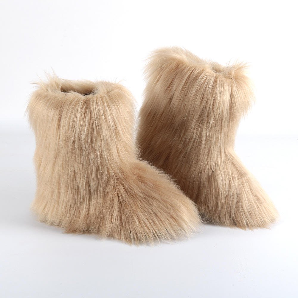 Furry Snow Boots Women Winter Flat Warm Shoes Female 2022 New Female Casual Ankle Boots OEM Rubber Plush for Women Adult 2 Pairs